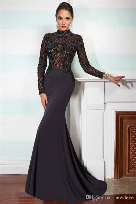 Spring Black Mermaid Evening Gowns Lace Applique Top High Neck Long