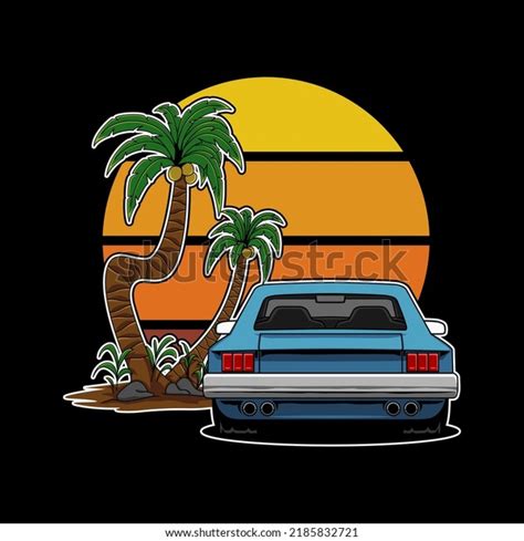 Illustration Blue Sedan Car Sunset Vibes Stock Vector Royalty Free