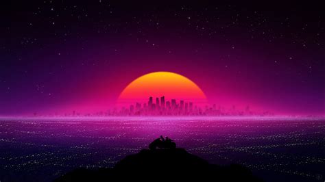 Synthwave, music, retro, neon city, others, architecture, built structure. Retro Sunset 1920x1080 Wallpapers - Wallpaper Cave