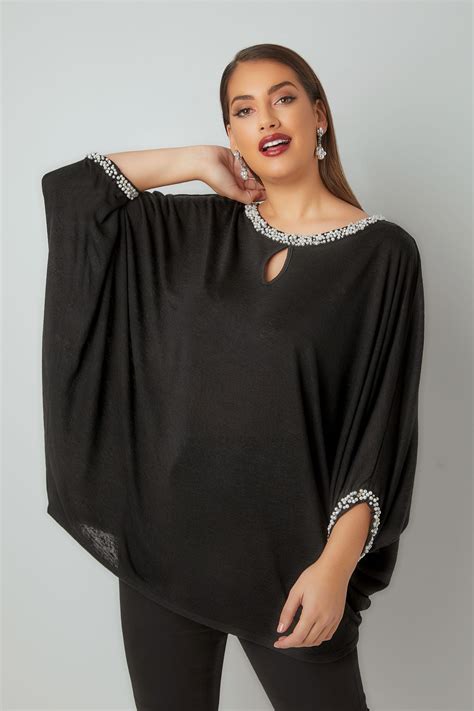 Black Fine Knit Cape Top With Faux Pearl And Diamante Trim Plus Size 16