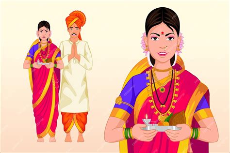 Premium Vector Couple Wearing Indian Marathi Traditional Outfit Nauvari Saree Dhoti Kurta
