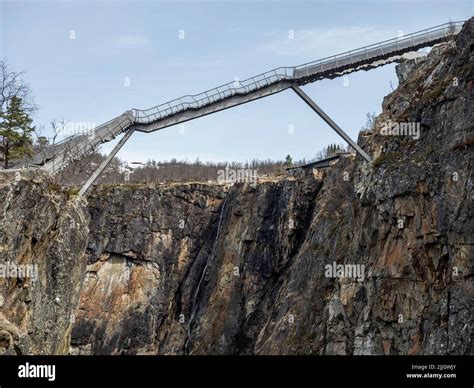 Viewpoint Bridge At Waterfall Voringfoss Hardangervidda Norway Stock