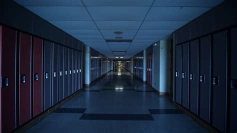 Dark Highschool Hallway Full Lockers Gimbal Stock Footage Video 100