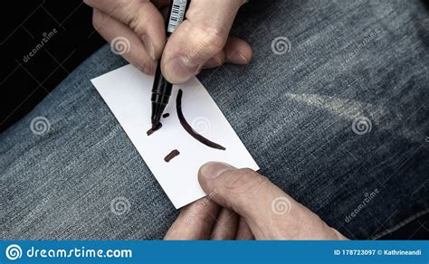 Very Sad Smile Emoji Paper Card Writing In Hands Stock Image Image Of