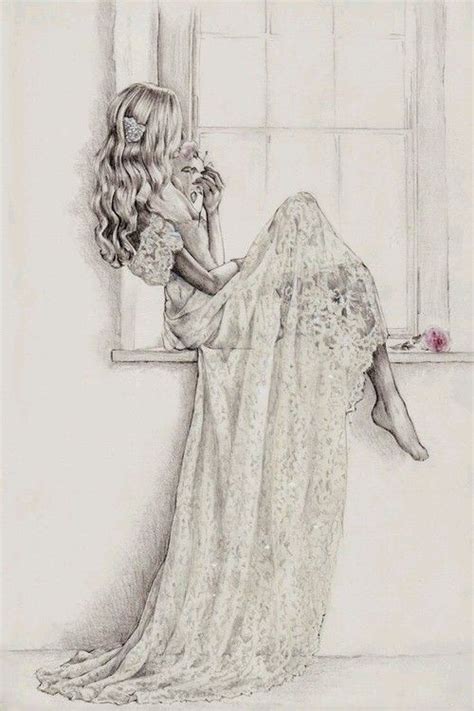 A Pencil Drawing Of A Woman Sitting On A Window Sill Looking Out The Window