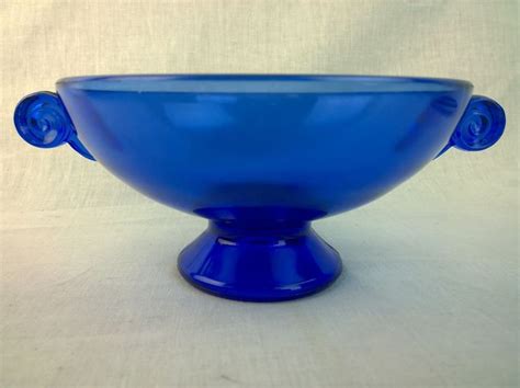 Vintage Cobalt Blue Glass Footed Compote Handled Bowl 3 T 6 Dia Handled Bowls Blue Glass Bowl