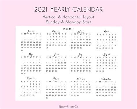 2021 Yearly Calendar Printable Vertical 2021 Calendar Printable 12