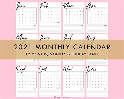 Download printable calendar 2021 templates are available on this website. 2021 Monthly Calendar Vertical 12 Months Planner Printable | Etsy