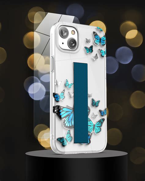 Iphone 14 Plus Loop Case In Silver Blue Butterfly With Screen Protector
