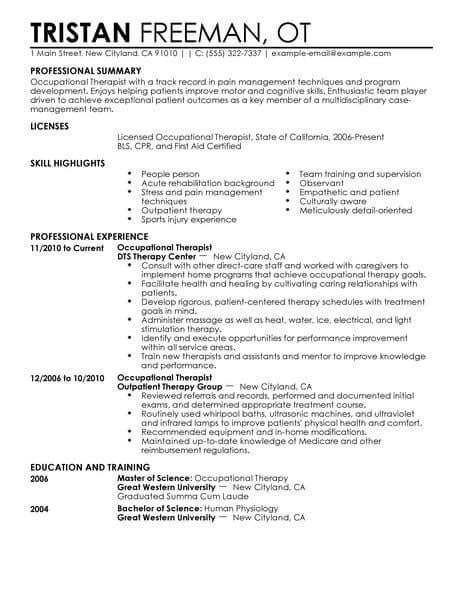 Professional Occupational Therapist Resume Examples
