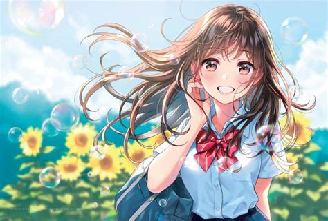 Wallpaper Anime School Girl Summer Sunflowers Big Smile