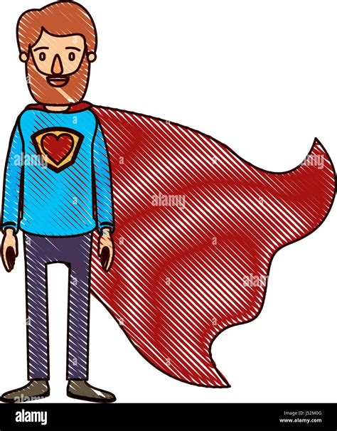 Color Crayon Stripe Cartoon Full Body Bearded Super Man Hero With Heart
