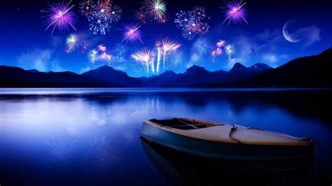 Free Download 1366x768 Cool Bright Twilight Fireworks Lake Desktop