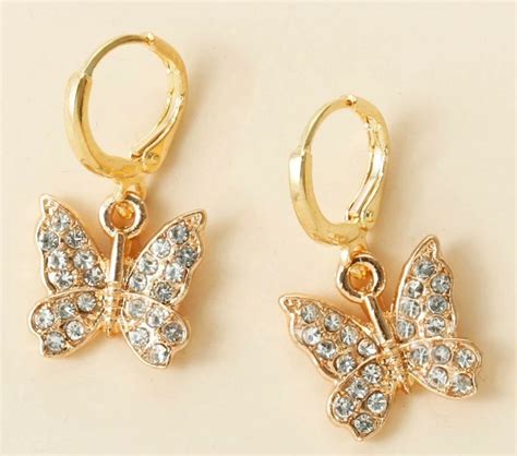 Rhinestone Butterfly Drop Earrings In Gold Etsy UK