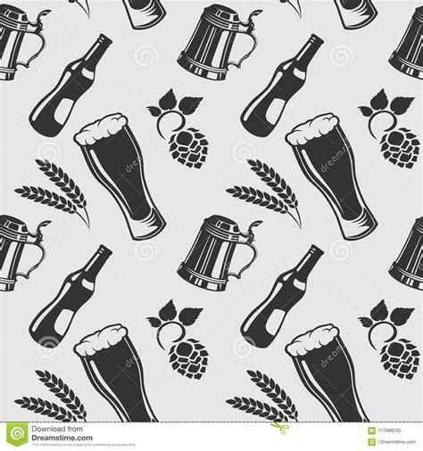 Beer Pattern With Beer Bottle Glass Wheat And Hops Stock Vector Illustration Of Pint Wheat