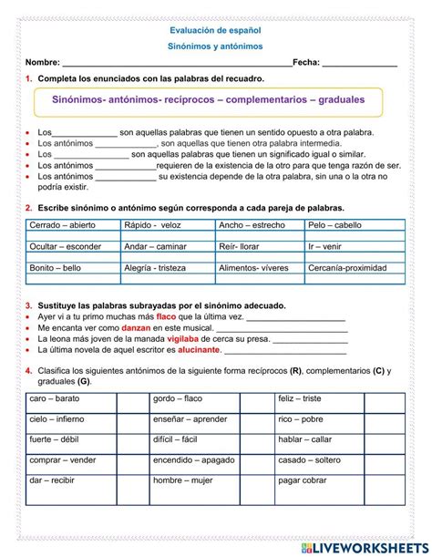 Sinónimos Y Antónimos Online Exercise For Quinto Live Worksheets