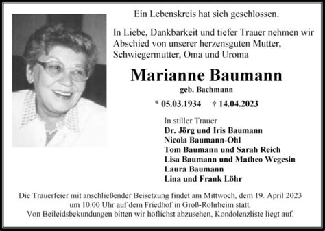 Traueranzeigen Von Marianne Baumann Trauerportal Ihrer Tageszeitung