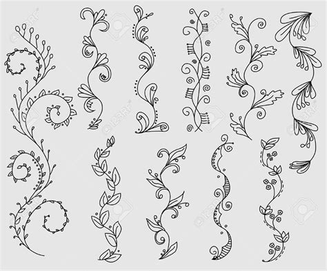 A Set Of Hand Drawn Floral Design Elements Including Vines And Flowers