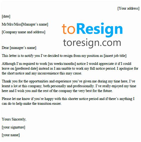 Resignation Letters Short Notice Example Document Template