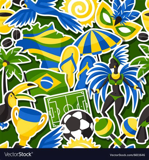 Brazil Seamless Pattern With Sticker Objects And Vector Image
