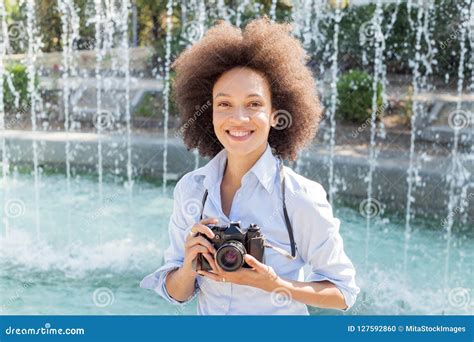 Charming Black Woman With Retro Camera Stock Photo Image Of Casual