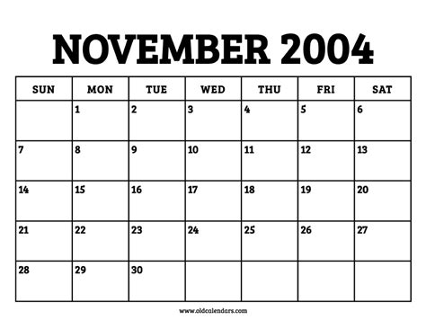 Calendar November 2004 Printable Old Calendars