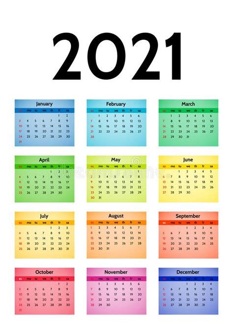Calendar For 2021 Isolated On A White Background Stock Vector