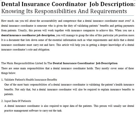 Job summary responsible for supervising operations within an insurance practice. Dental Insurance Coordinator Job Description: Knowing Its ...