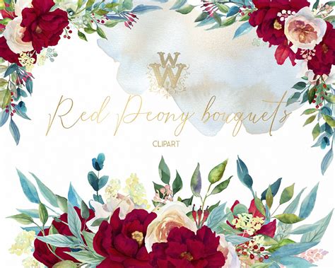 Red Peonies Watercolor Floral Border White Rose Flower Peony Wedding