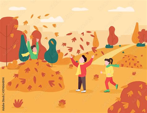 Children Play In Leaves Pile Semi Flat Vector Illustration Kids Game