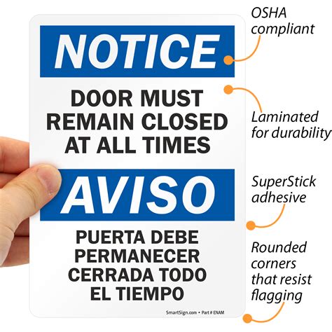 Bilingual Door Must Remain Closed At All Times Sign Sku S 6000