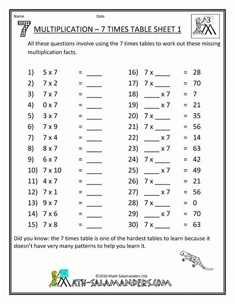 Printable Multiplication Worksheets 7 Times Tables
