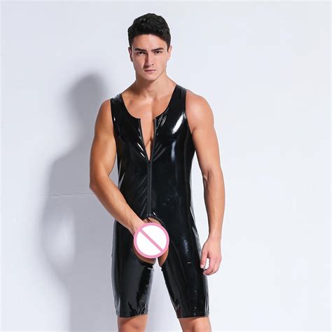 hot mens sexy lingerie latex catsuit black open crotch leather sleeveless erotic sexy bodysuit