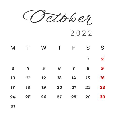 October Calendar Vector Art Png Simple And Minimalist October 2022
