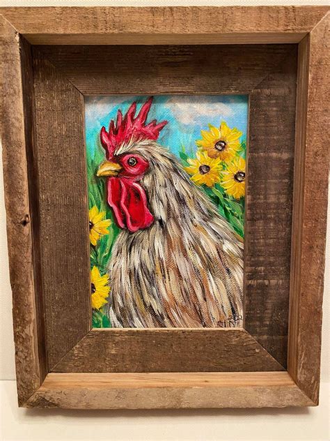 Original Rooster Painting In Barn Wood Frame Rooster Art Etsy Uk