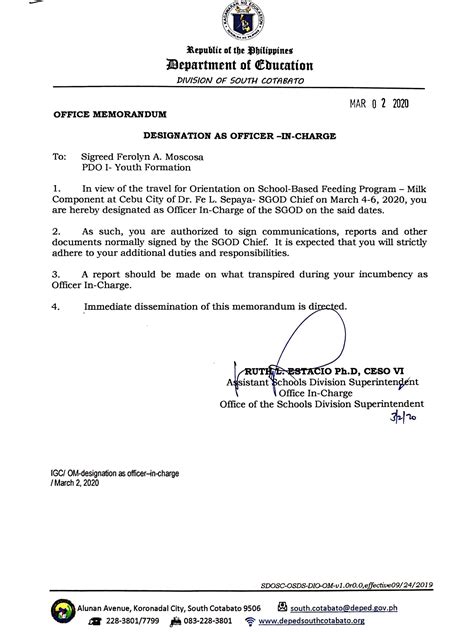 Office Memorandum Designation As Officer In Charge Schools Division