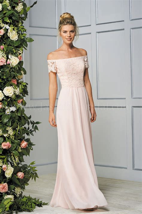 B193059 Long Portrait Neckline Lace And Poly Chiffon Bridesmaid Dress