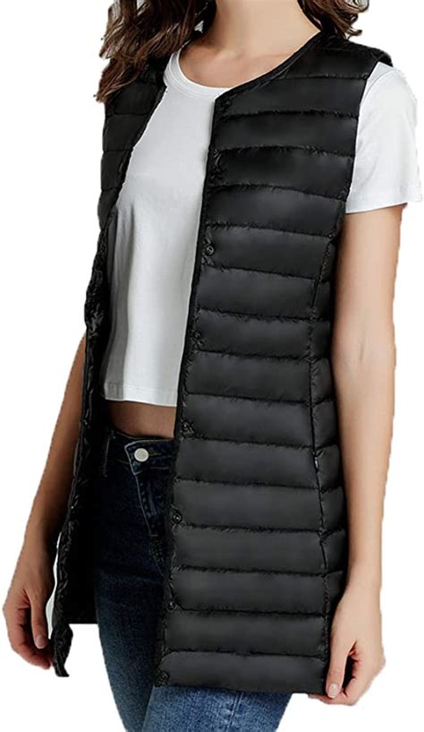 Quilted Puffy Mid Long Vest For Women Round Collar Winter Outdoor Padded Bubble Vest With Pocket