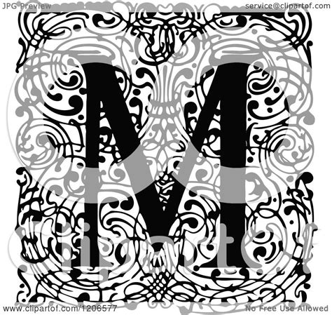 Clipart Of A Vintage Black And White Monogram M Letter Over Swirls