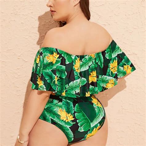 plus size off shoulder one piece swimsuit plant print swimwear women ruffled bathing suit sexy