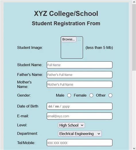Free Template For Student Registration Form In Html Vidyasheela