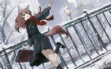 Wallpaper Anime Girls Original Characters Fox Girl Snow Scarf