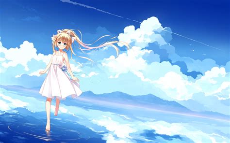 Desktop Wallpaper Walk On Water Cute Anime Girl Clouds Hd Image