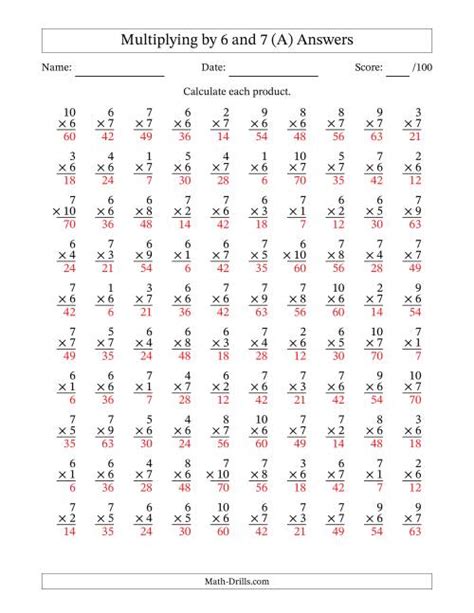 Multiplying 1 To 10 By 6 And 7 100 Questions A