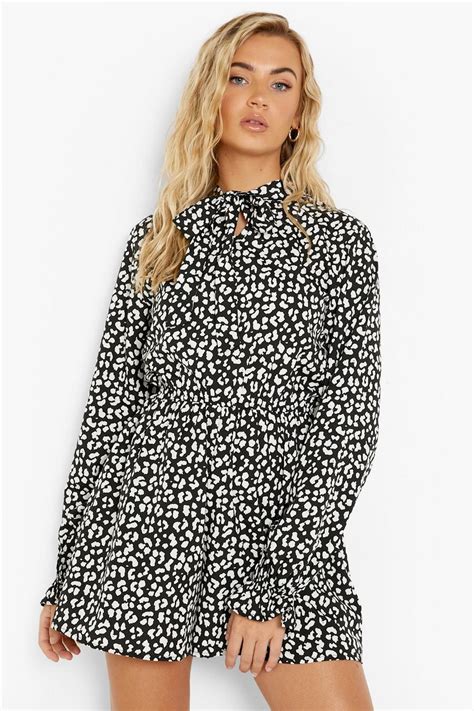 Animal Print Pussybow Playsuit Boohoo