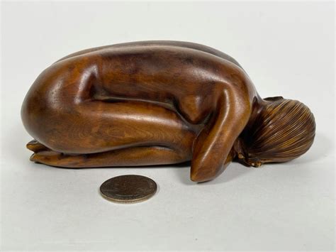 Fine Carved Wood Sculpture Of Crouching Nude Woman W X D X H