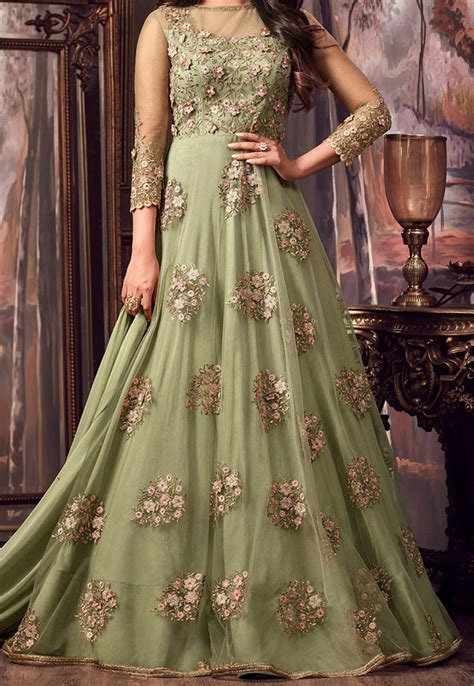 Light Olive Green Designer Embroidered Net Anarkali Suit Dresses