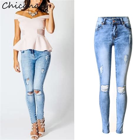 2017 Spring Women Clothing Mid Waist Tight Elastic Washed Pure Cotton Jeans Female Fashion
