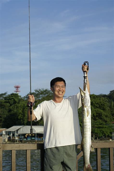 Asian Man With Big Fish Catch Stock Photo Image Of Smile Cheerful