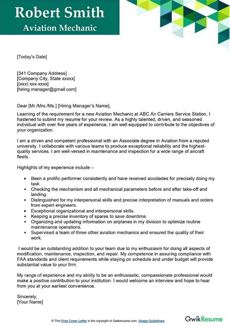 Aviation Mechanic Cover Letter Examples Qwikresume